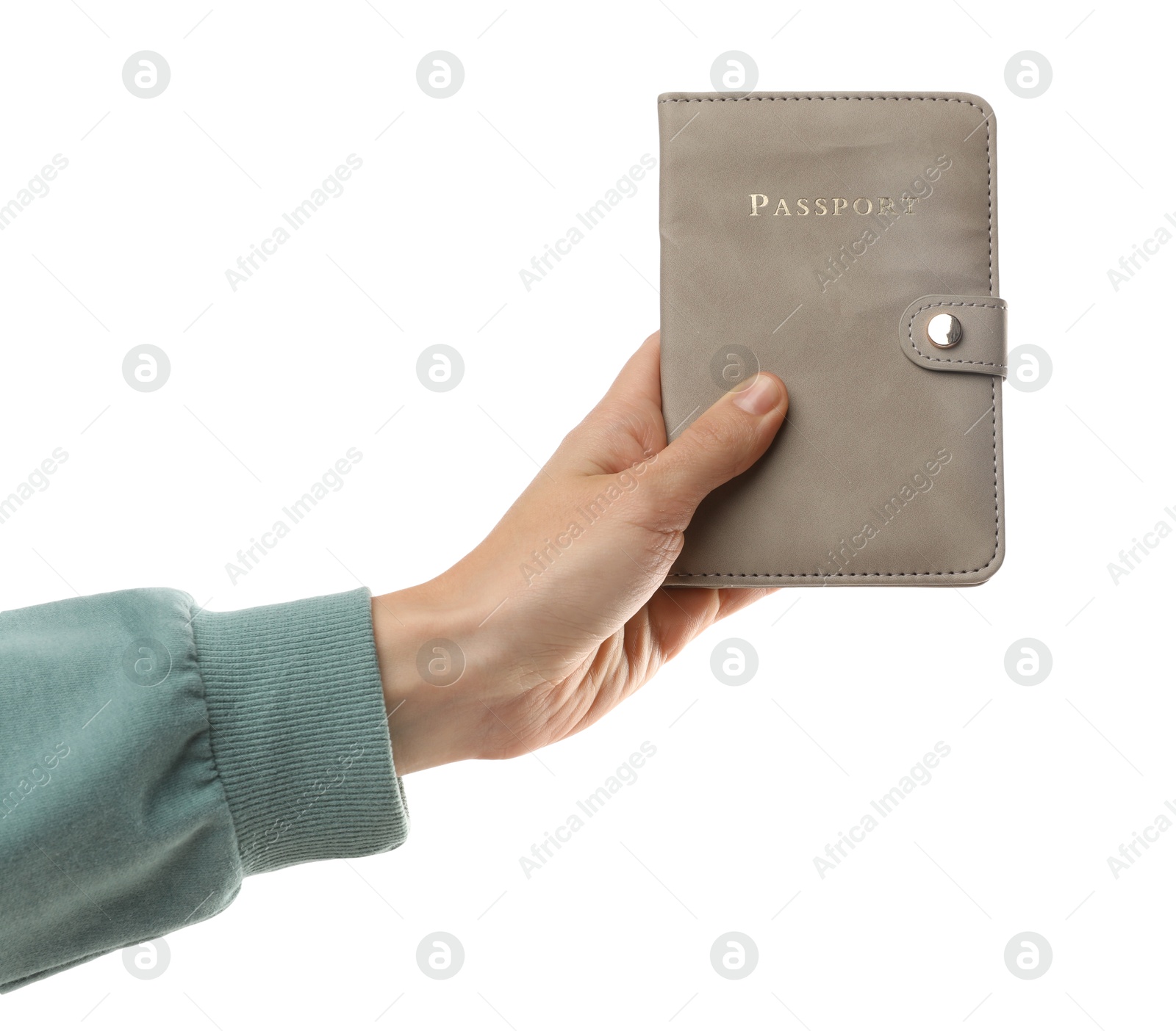 Photo of Woman holding passport in bright cover on white background, closeup