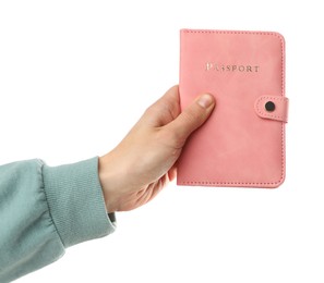 Photo of Woman holding passport in bright cover on white background, closeup