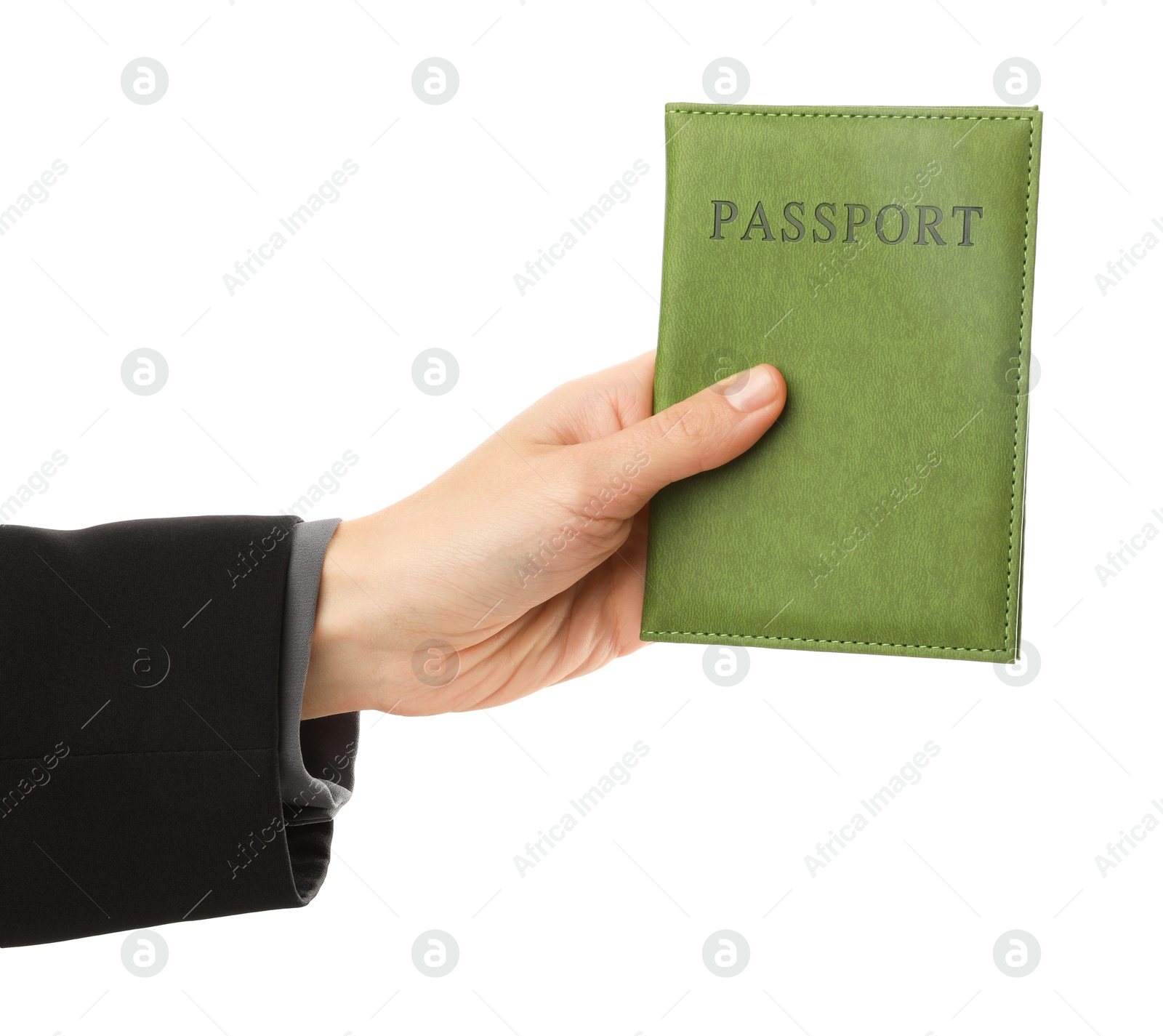 Photo of Woman holding passport in bright cover on white background, closeup