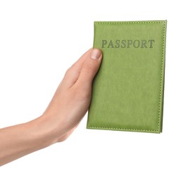 Photo of Woman holding passport in bright cover on white background, closeup