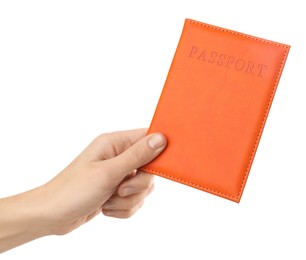 Photo of Woman holding passport in bright cover on white background, closeup