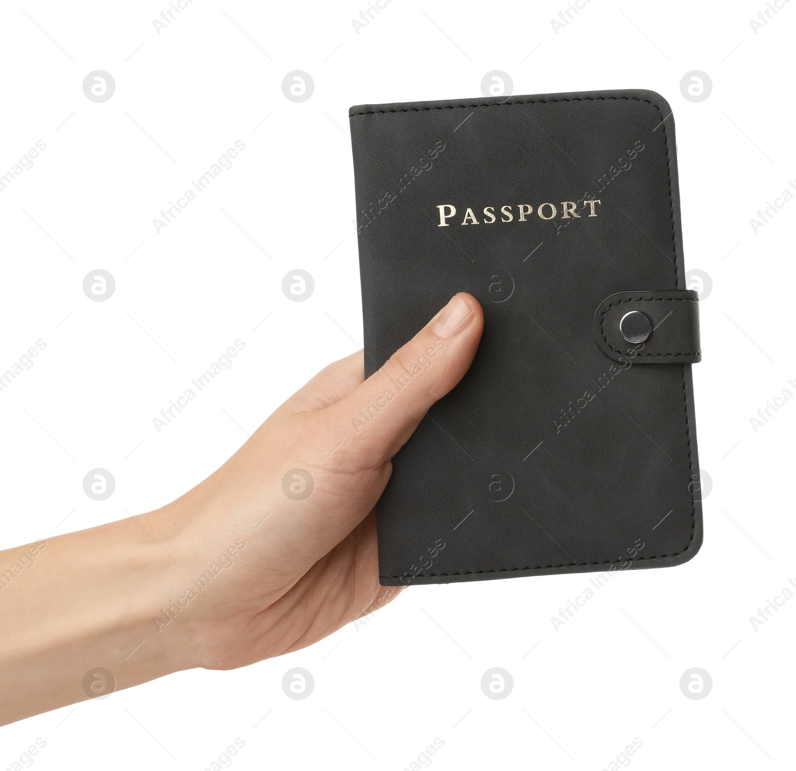 Photo of Woman holding passport in bright cover on white background, closeup