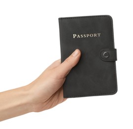 Woman holding passport in bright cover on white background, closeup