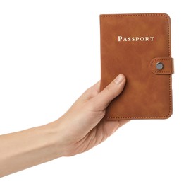 Photo of Woman holding passport in bright cover on white background, closeup