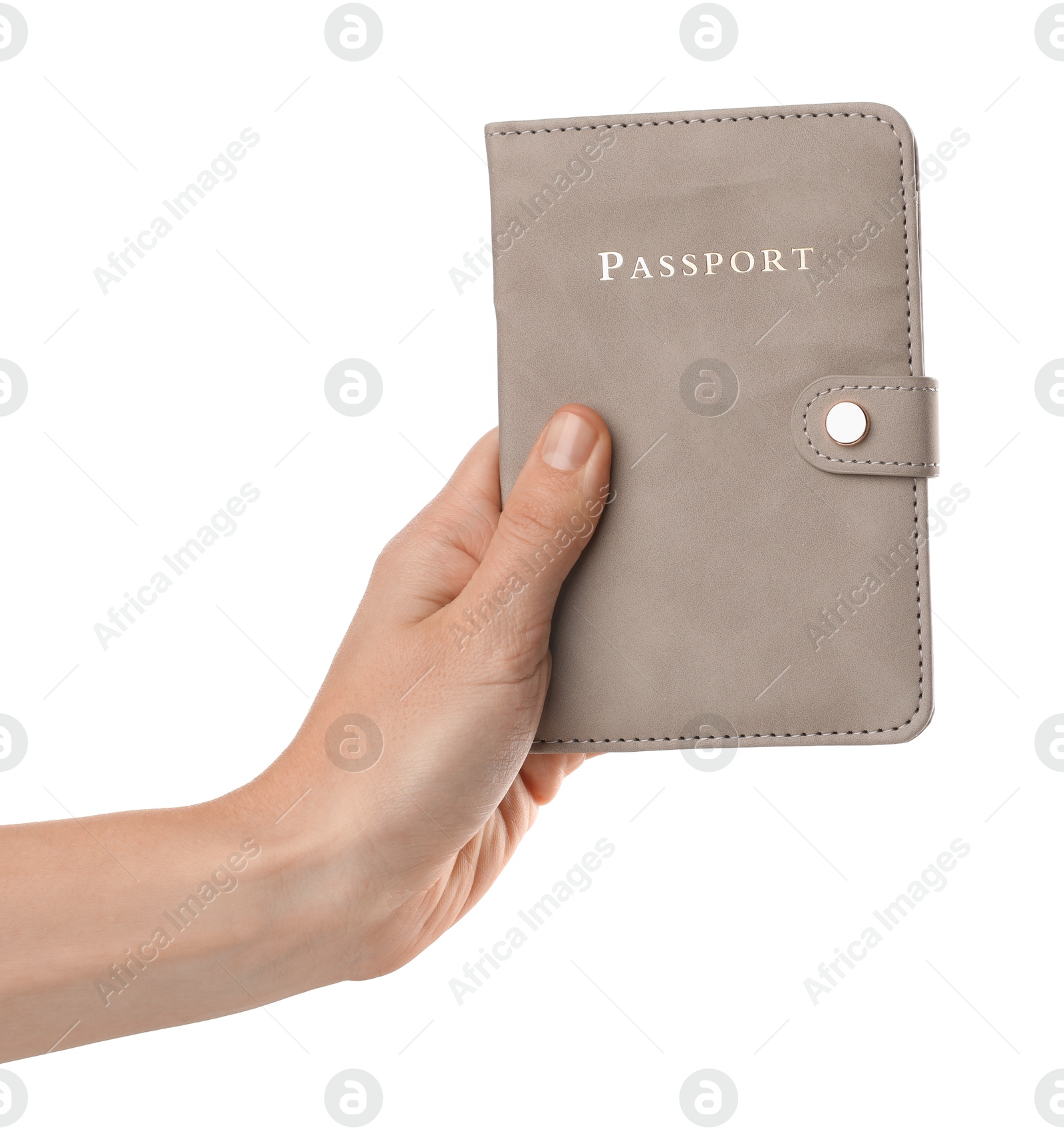 Photo of Woman holding passport in bright cover on white background, closeup