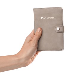 Photo of Woman holding passport in bright cover on white background, closeup