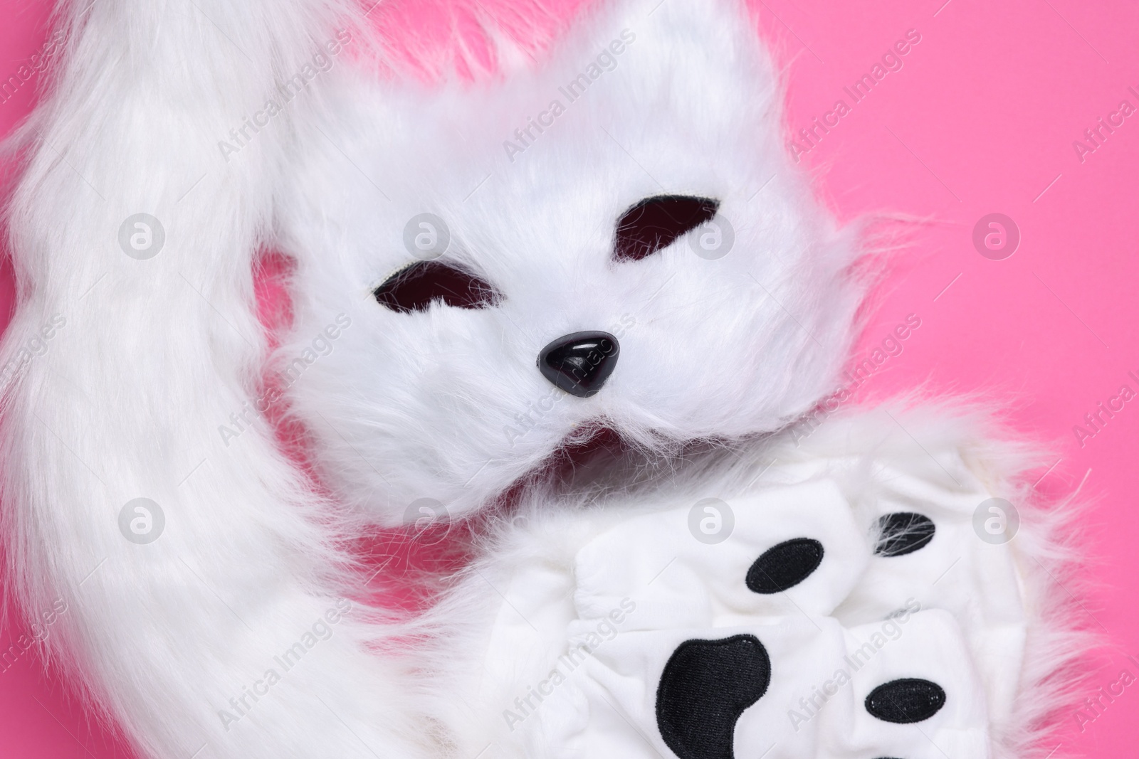 Photo of Quadrobics. Cat mask, tail and gloves on pink background, top view