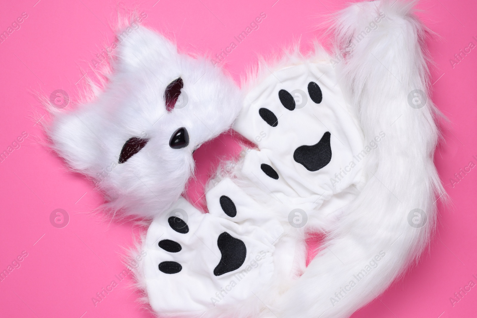 Photo of Quadrobics. Cat mask, tail and gloves on pink background, top view