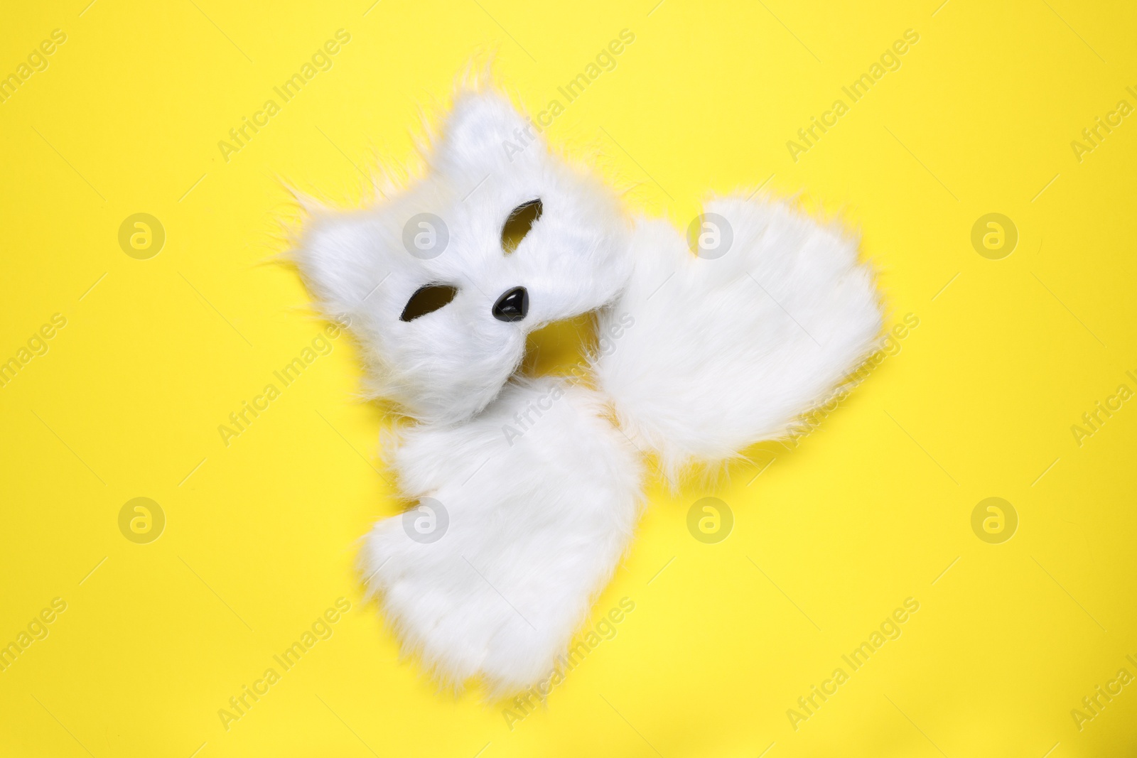 Photo of Quadrobics. Cat mask and gloves on yellow background, top view