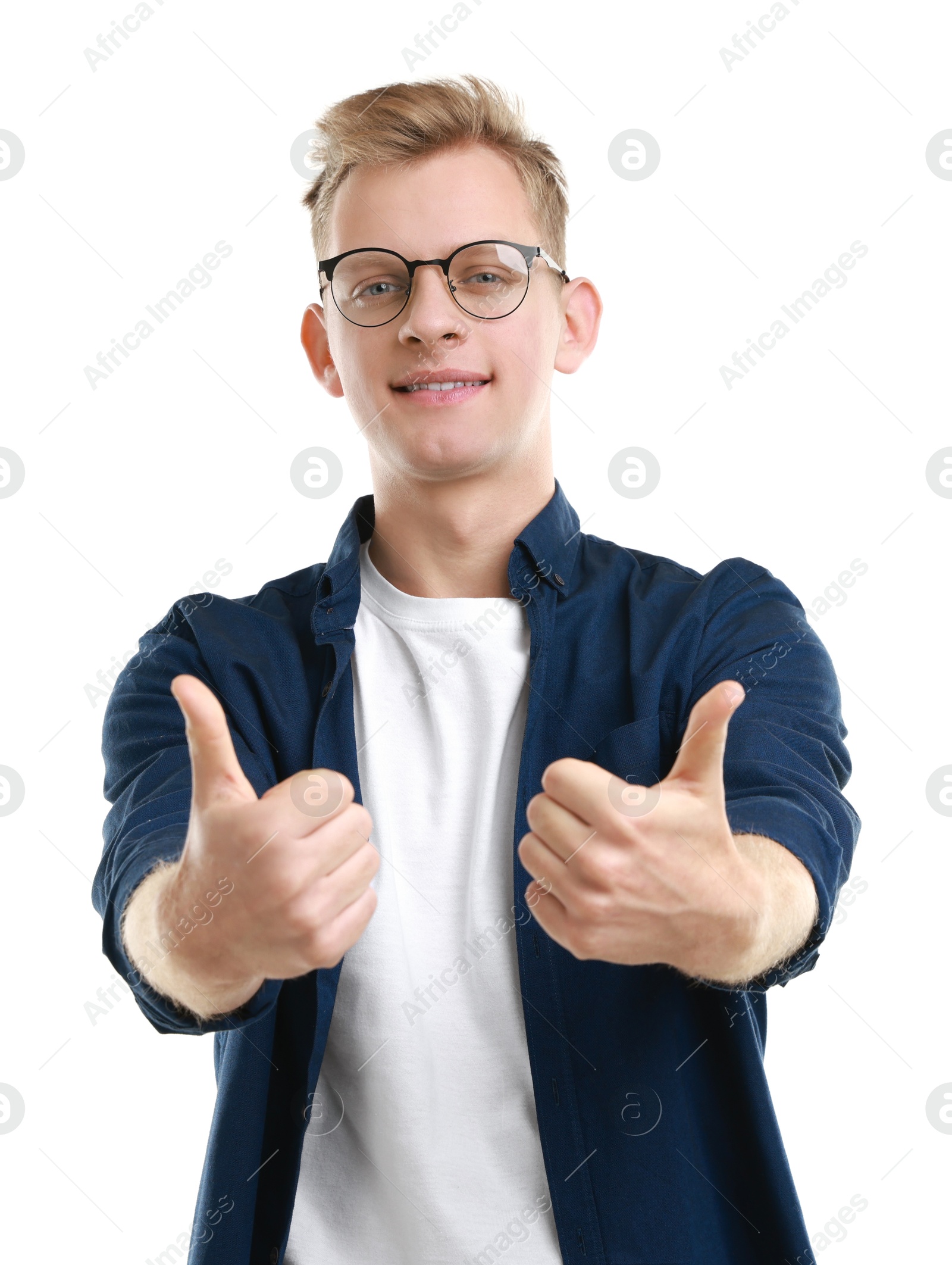 Photo of Happy man showing thumbs up on white background. Like gesture