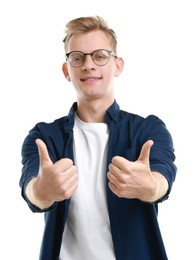 Photo of Happy man showing thumbs up on white background. Like gesture