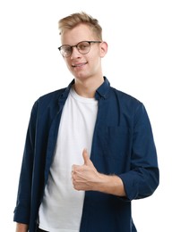 Photo of Happy man showing thumbs up on white background. Like gesture