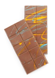 Photo of Two Dubai chocolate bars with pistachio and knafeh isolated on white, top view