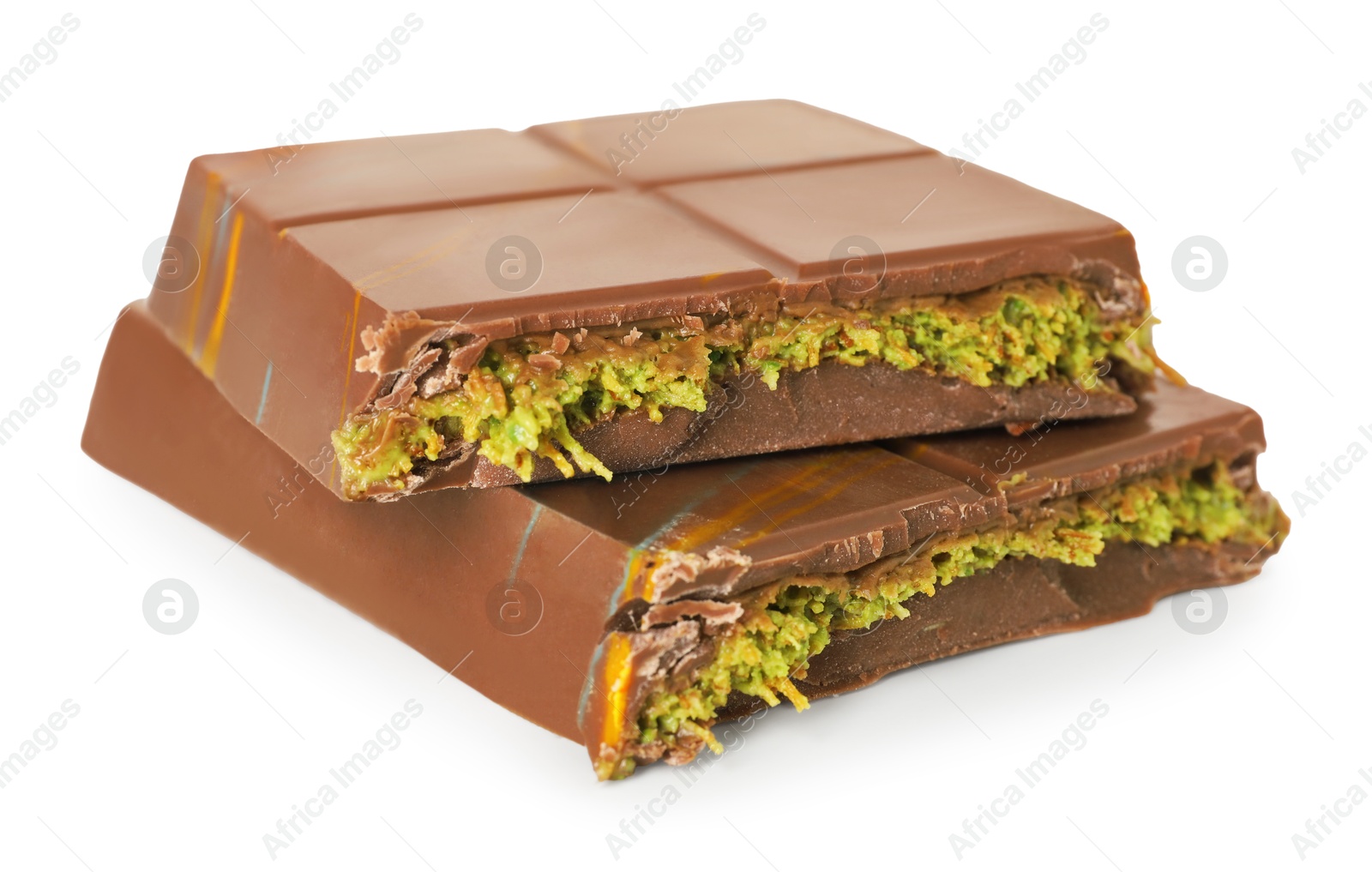 Photo of Pieces of Dubai chocolate bar with pistachio and knafeh isolated on white