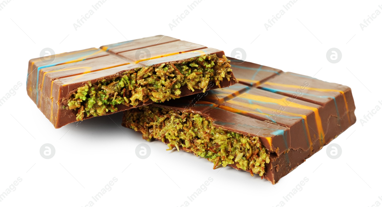 Photo of Pieces of Dubai chocolate bar with pistachio and knafeh isolated on white