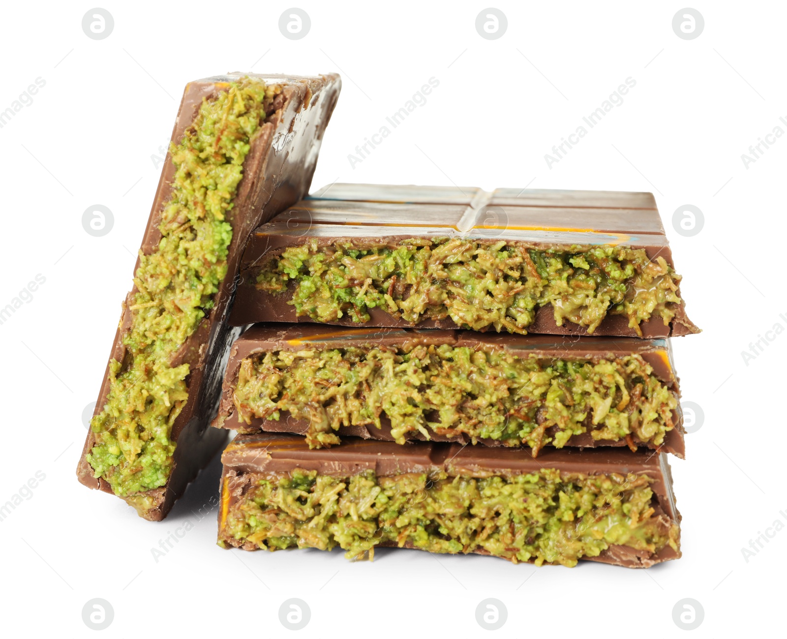 Photo of Pieces of Dubai chocolate bars with pistachio and knafeh isolated on white