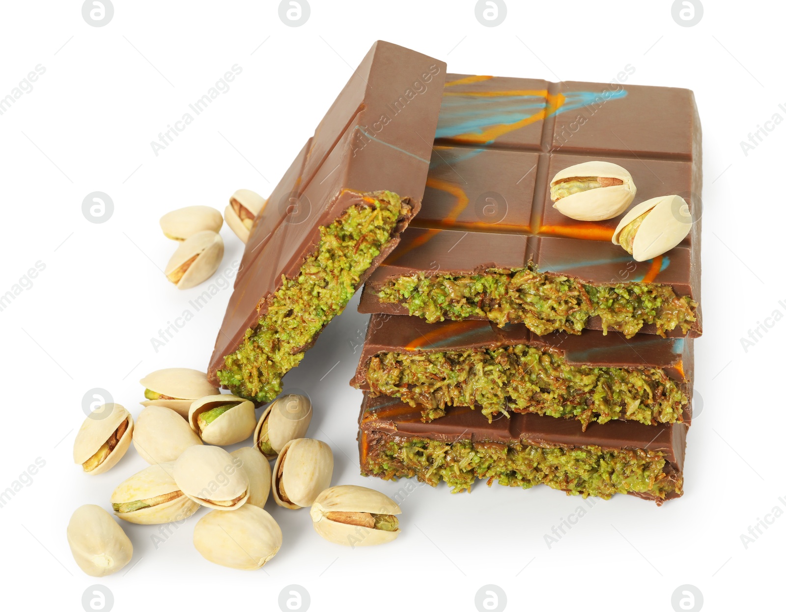 Photo of Pieces of Dubai chocolate bars and pistachios isolated on white