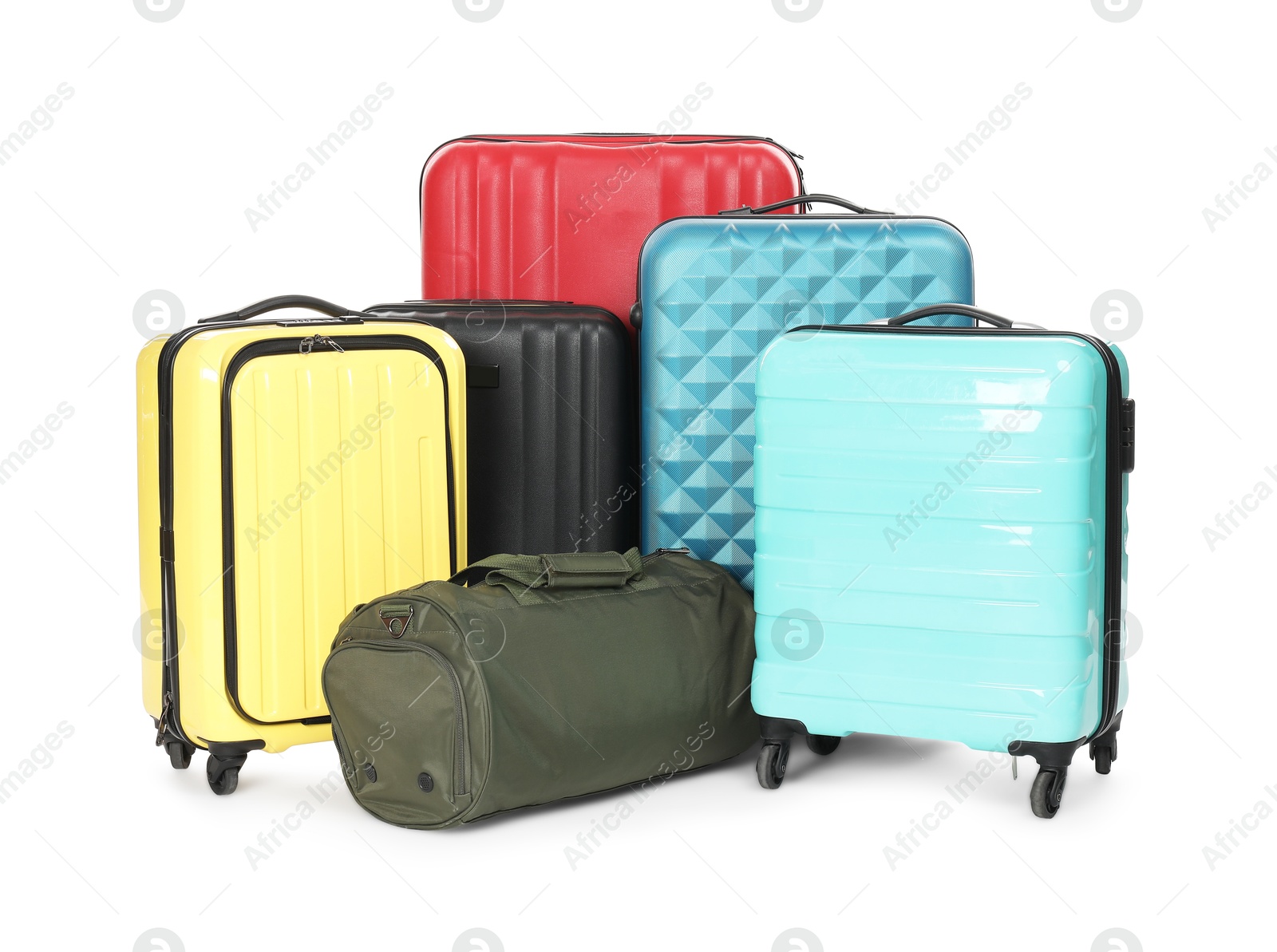 Photo of Many colorful suitcases and bag isolated on white