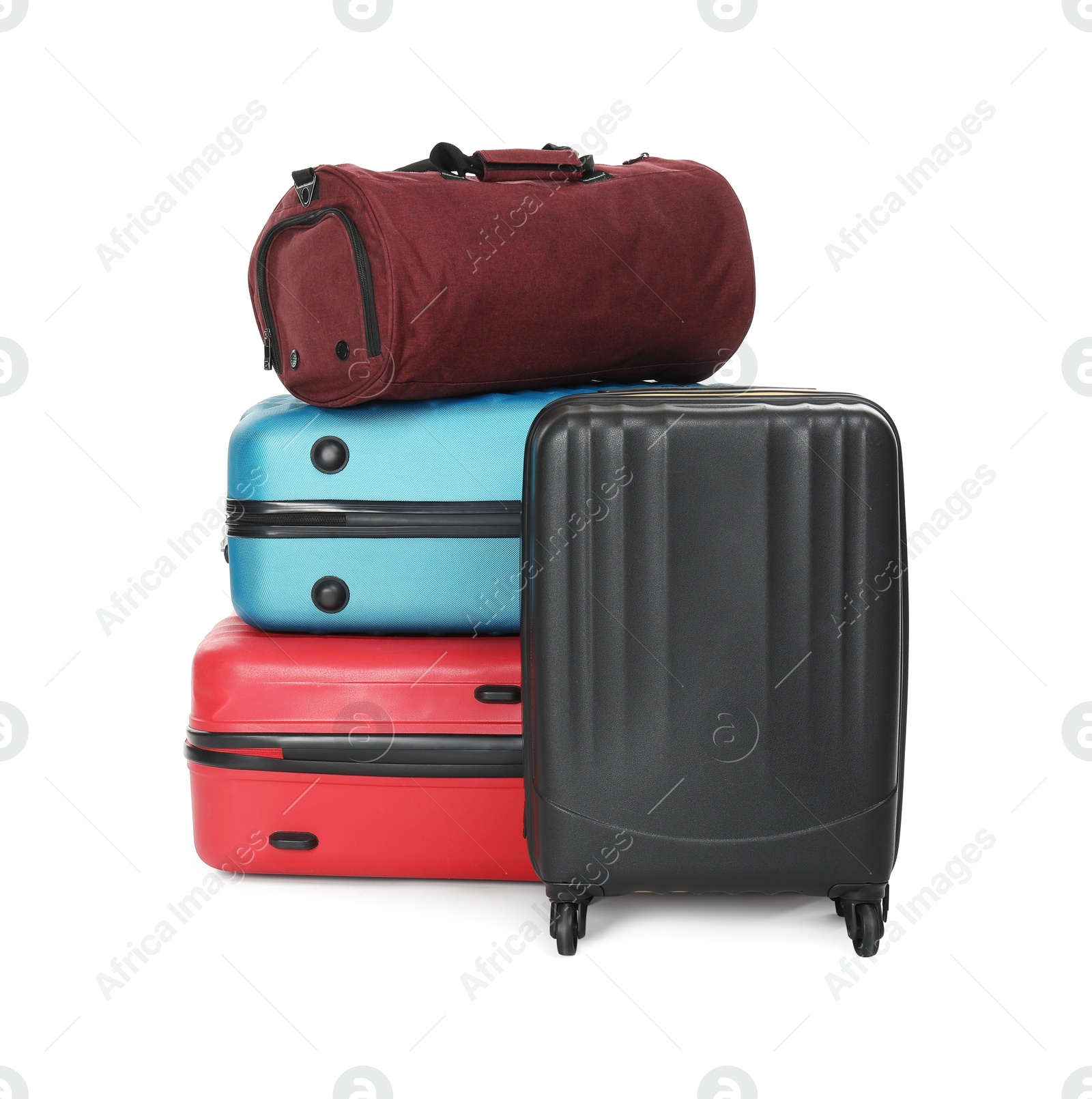 Photo of Many colorful suitcases and bag isolated on white