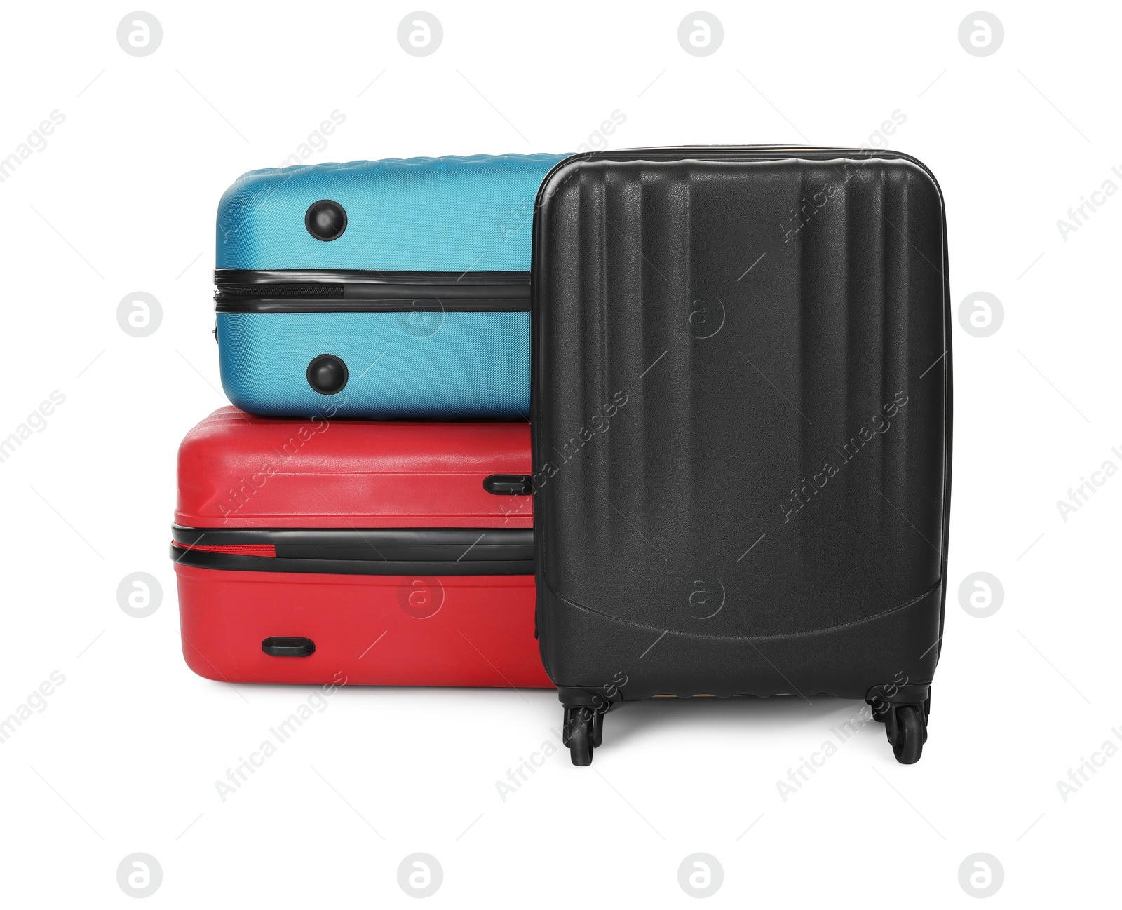 Photo of Many closed colorful suitcases isolated on white