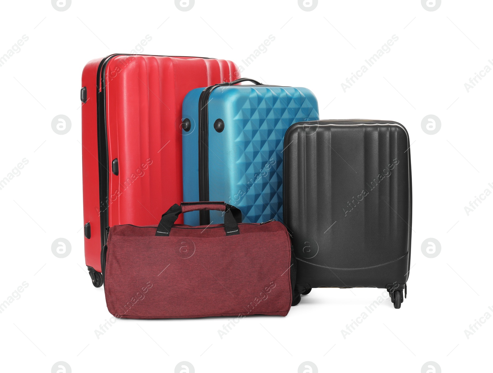 Photo of Many colorful suitcases and bag isolated on white