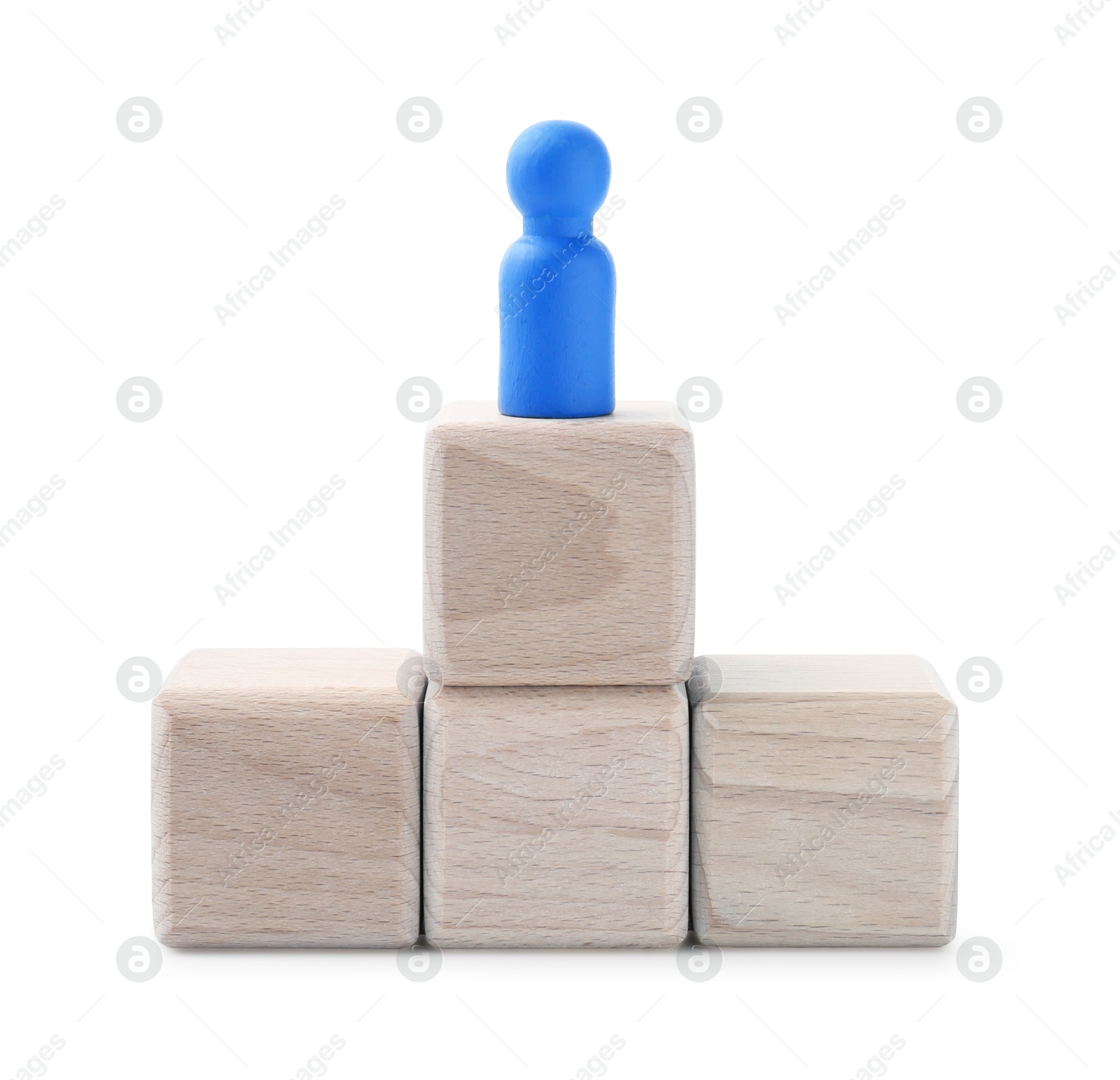 Photo of Blue human figure on wooden blocks against white background. Competition concept