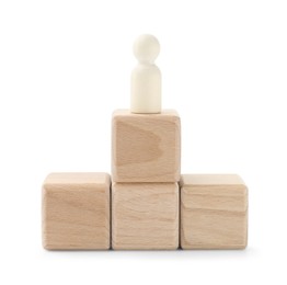 Photo of Human figure on wooden blocks against white background. Competition concept