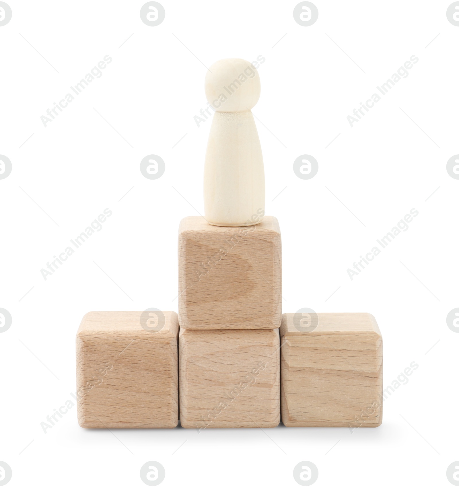 Photo of Human figure on wooden blocks against white background. Competition concept