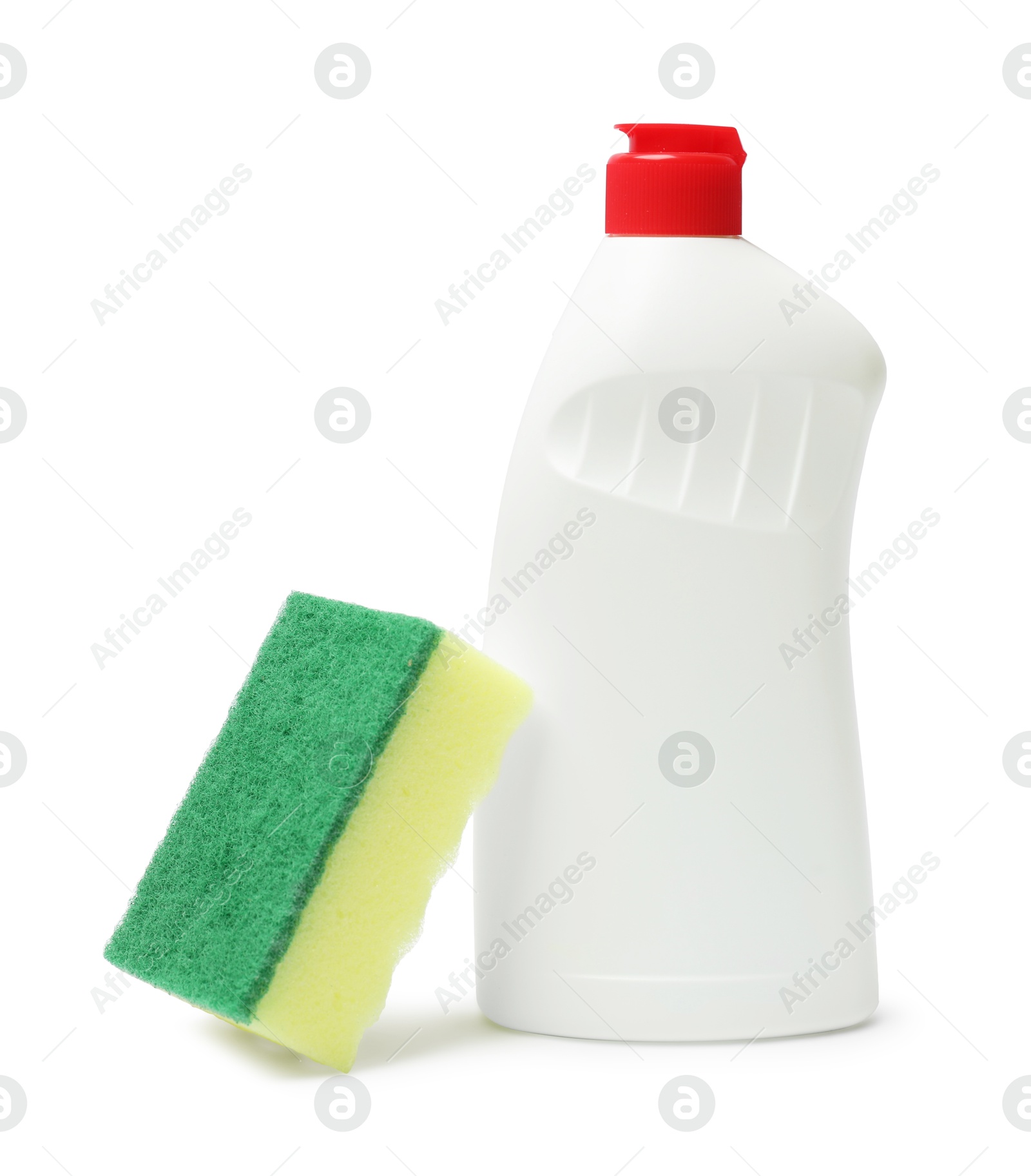 Photo of Sponge and dish soap isolated on white