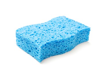 Photo of One blue sponge isolated on white. Cleaning tool