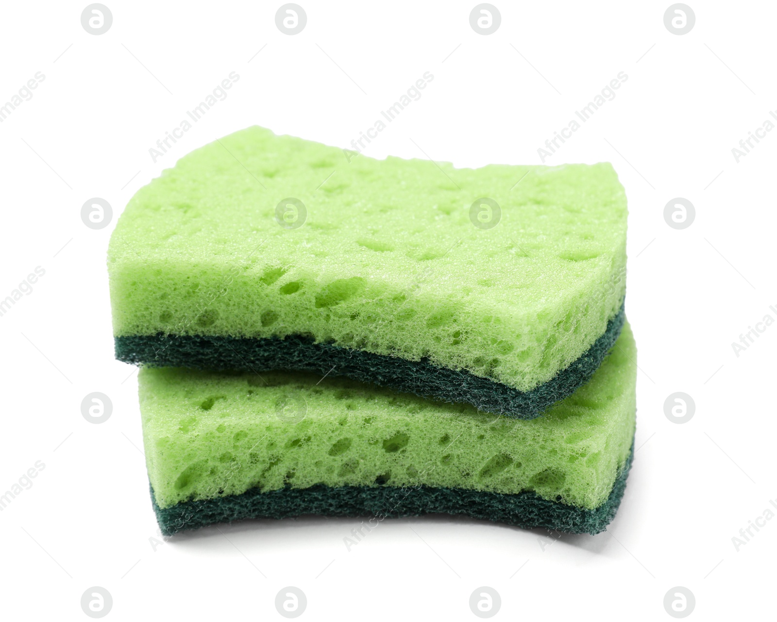 Photo of Green sponges isolated on white. Cleaning tool