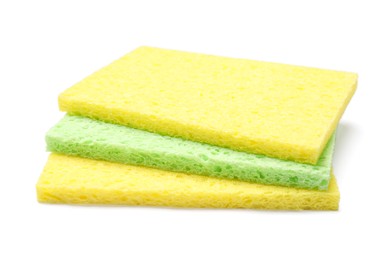 Photo of Soft sponges isolated on white. Cleaning tool