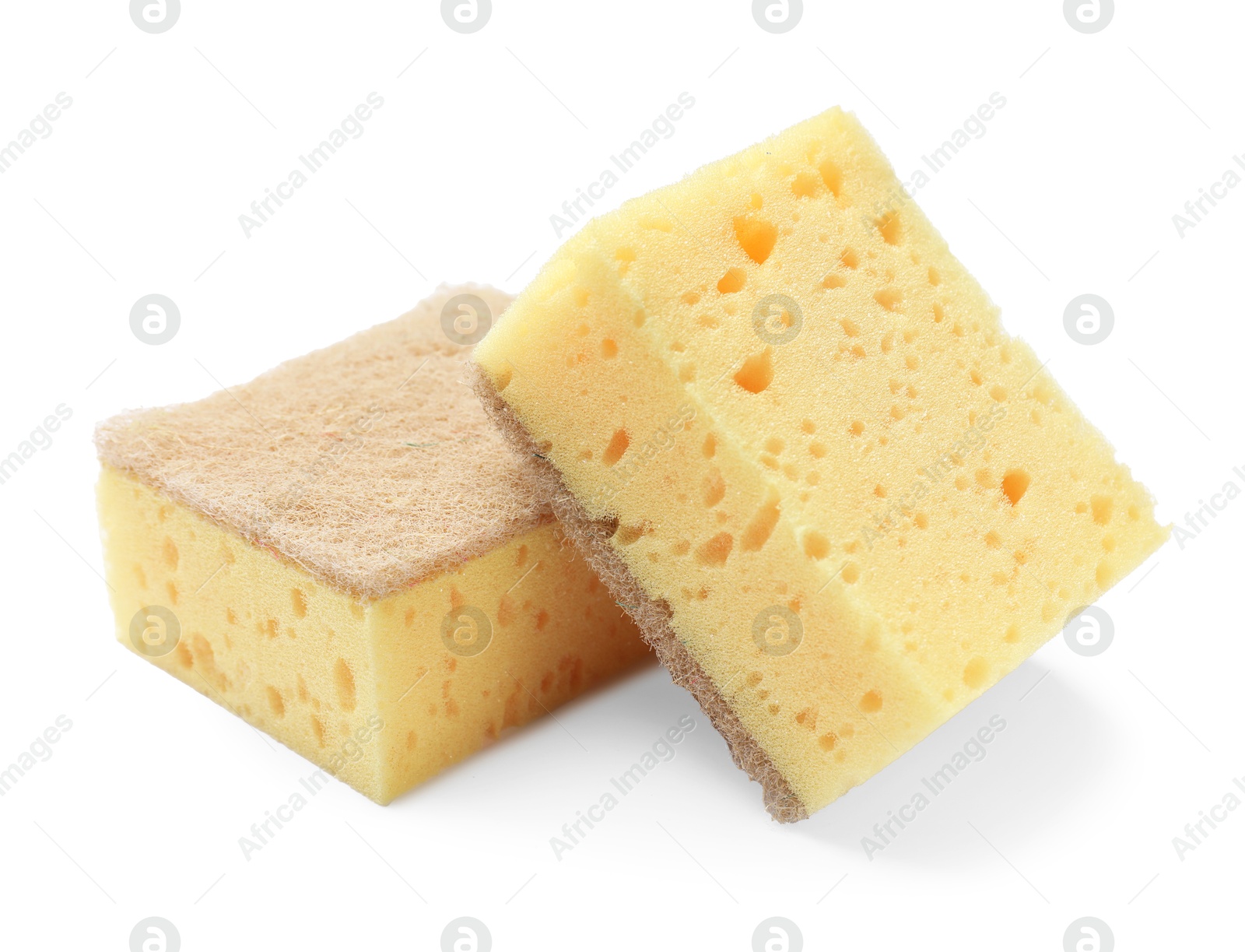 Photo of Yellow sponges isolated on white. Cleaning tool