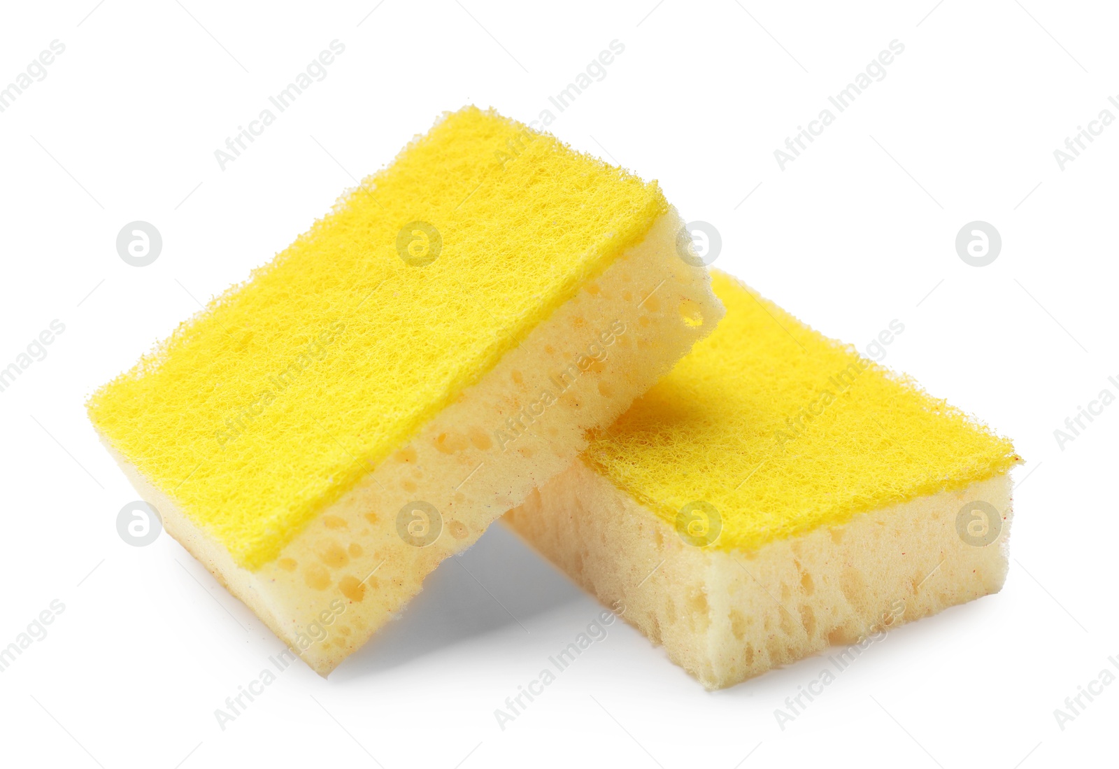 Photo of Yellow sponges isolated on white. Cleaning tool