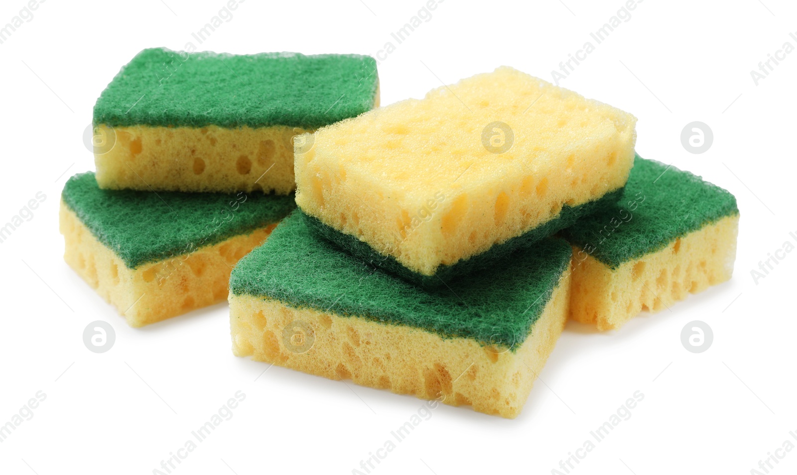 Photo of Yellow sponges isolated on white. Cleaning tool