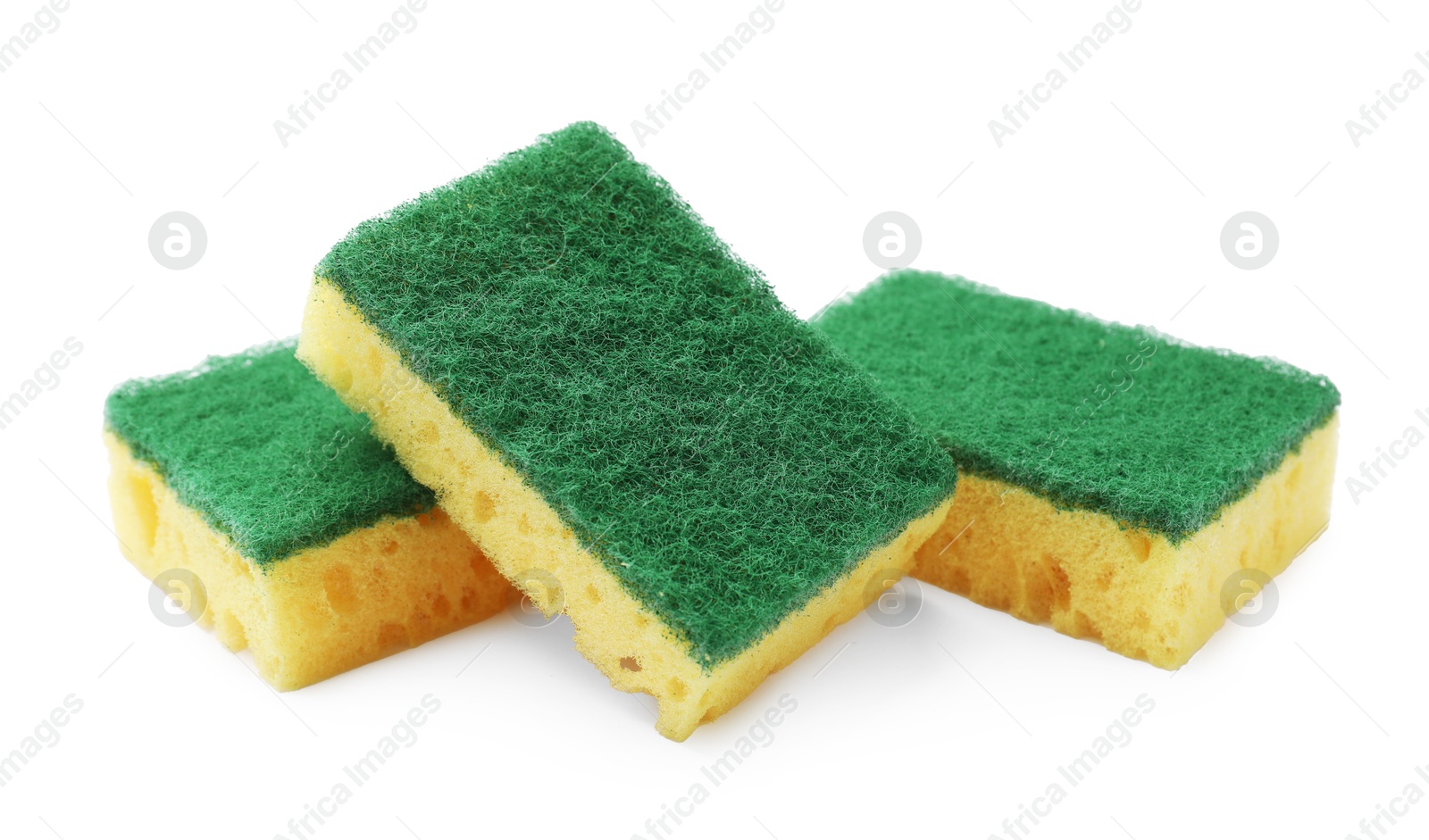 Photo of Yellow sponges isolated on white. Cleaning tool