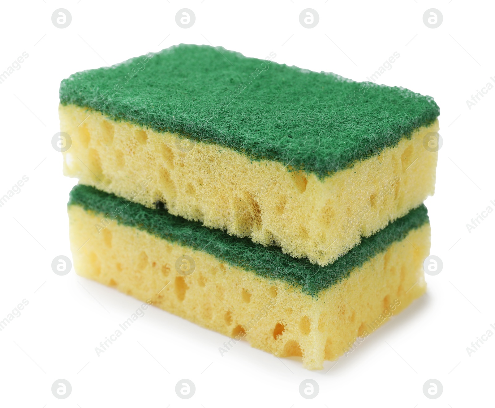 Photo of Yellow sponges isolated on white. Cleaning tool