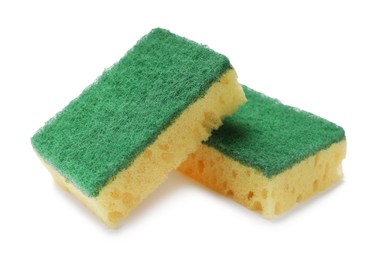 Photo of Yellow sponges isolated on white. Cleaning tool