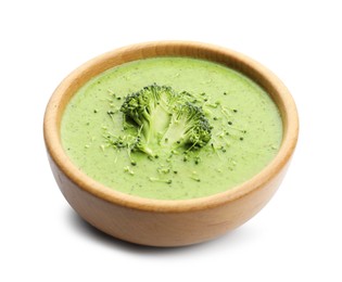 Photo of Delicious broccoli cream soup in bowl isolated on white