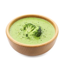 Photo of Delicious broccoli cream soup in bowl isolated on white