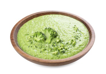 Photo of Delicious broccoli cream soup in bowl isolated on white