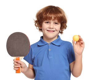 Photo of Little boy with ping pong racket and ball on white background