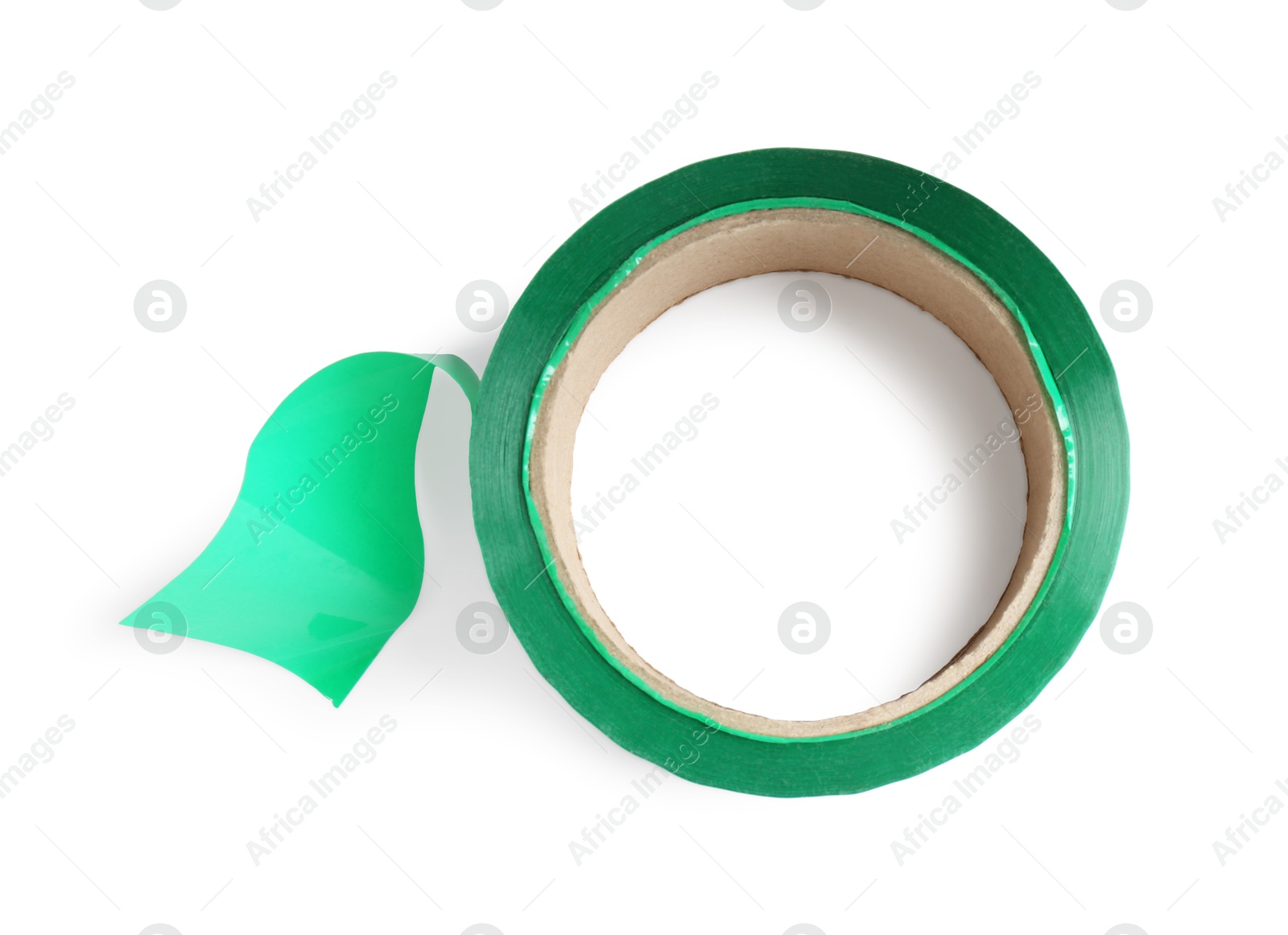 Photo of Roll of green adhesive tape isolated on white, top view