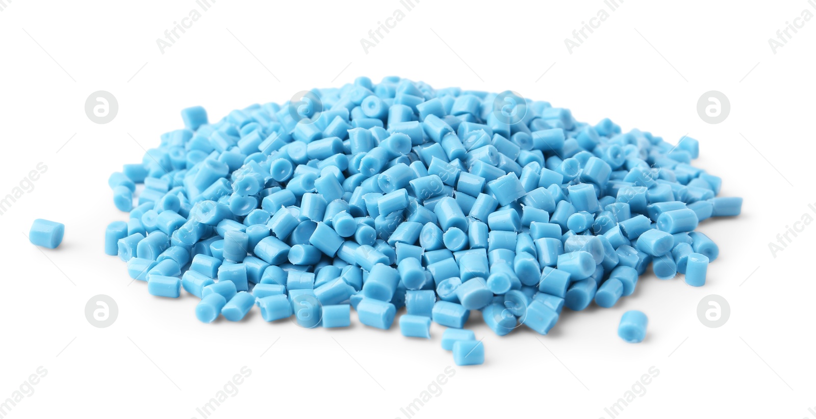 Photo of Pile of light blue plastic granules isolated on white