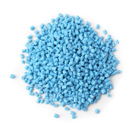 Photo of Pile of light blue plastic granules isolated on white, top view