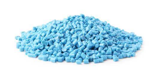 Photo of Pile of light blue plastic granules isolated on white