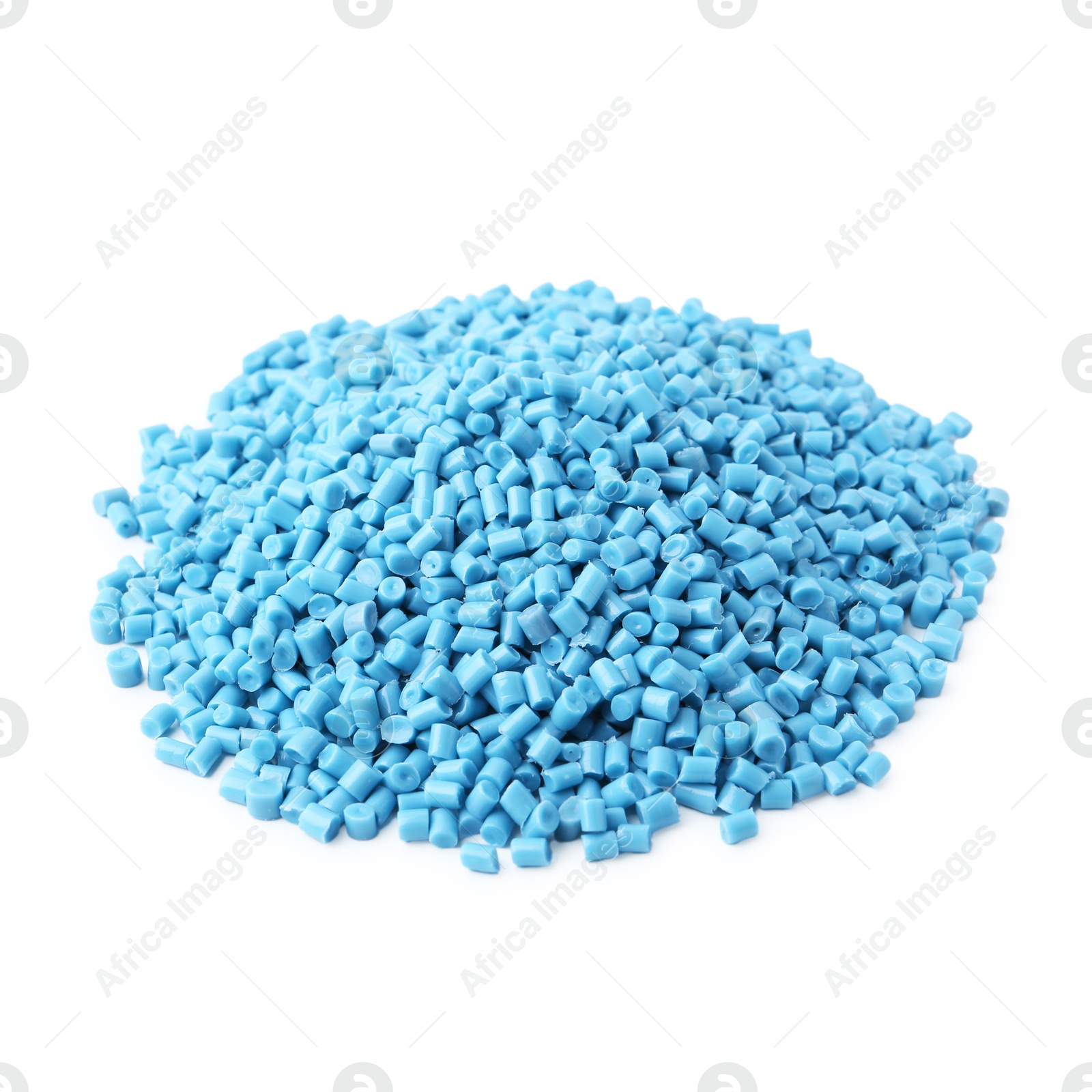 Photo of Pile of light blue plastic granules isolated on white