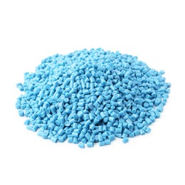 Pile of light blue plastic granules isolated on white