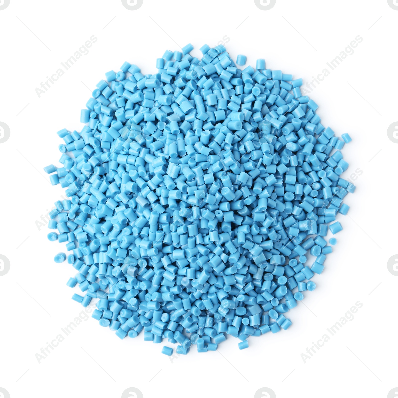 Photo of Pile of light blue plastic granules isolated on white, top view