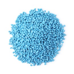 Pile of light blue plastic granules isolated on white, top view